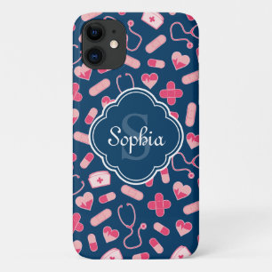 Capa Para iPhone 11 Padrão de Enfermeira Rosa e Azul com Monograma