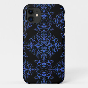 Capa Para iPhone 11 Padrão de estilo damasco floral azul e preto elega