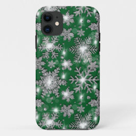Capa Para iPhone 11 Padrão de floco de neve festivo verde-prateado