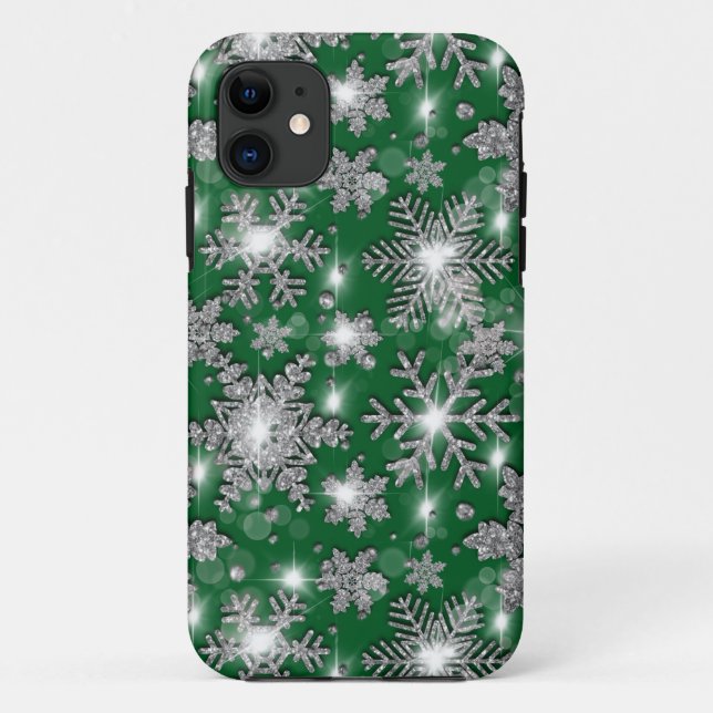 Capa Para iPhone 11 Padrão de floco de neve festivo verde-prateado (Verso)