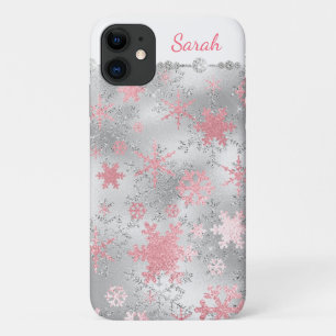 Capa Para iPhone 11 Padrão de Floco de Neve Verde Rosa Elegante