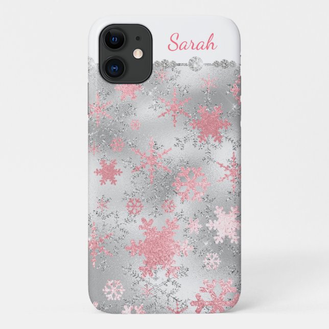 Capa Para iPhone 11 Padrão de Floco de Neve Verde Rosa Elegante (Verso)