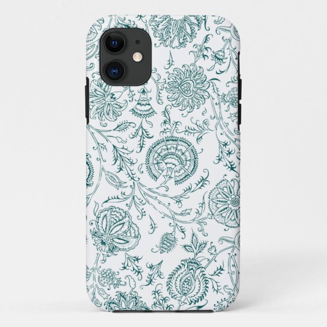 Capa Para iPhone 11 Padrão de Flor Branco e Teal (Verso)