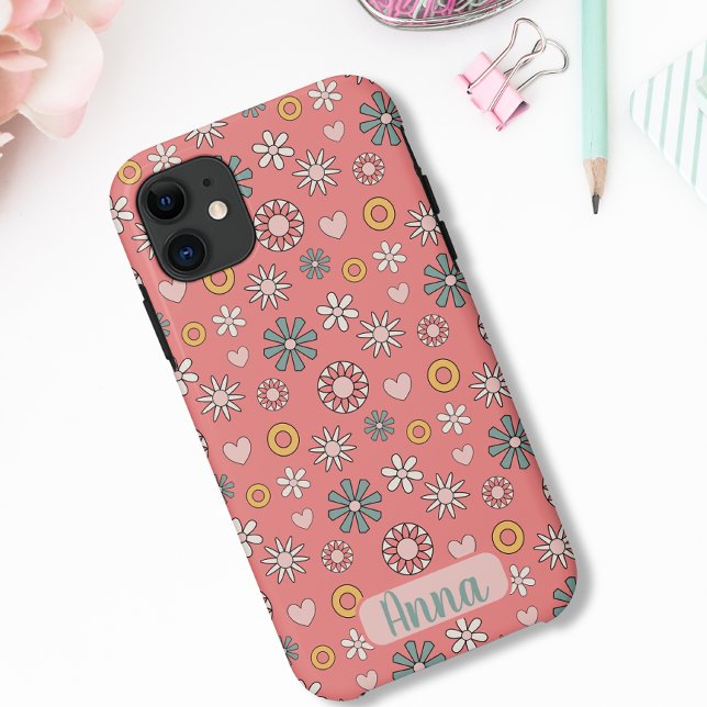 Capa Para iPhone 11 Padrão de Flor Retro Rosa Rosa (Criador carregado)