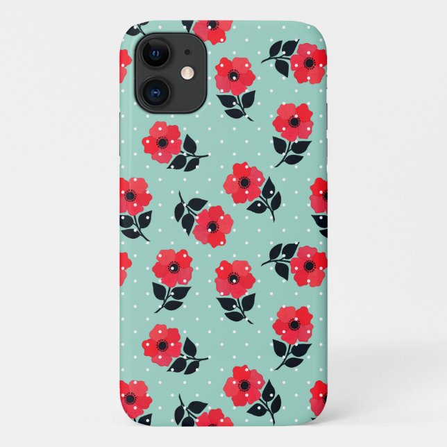 Capa Para iPhone 11 Padrão de Flores Vermelhas Bonitas e Girly (Verso)