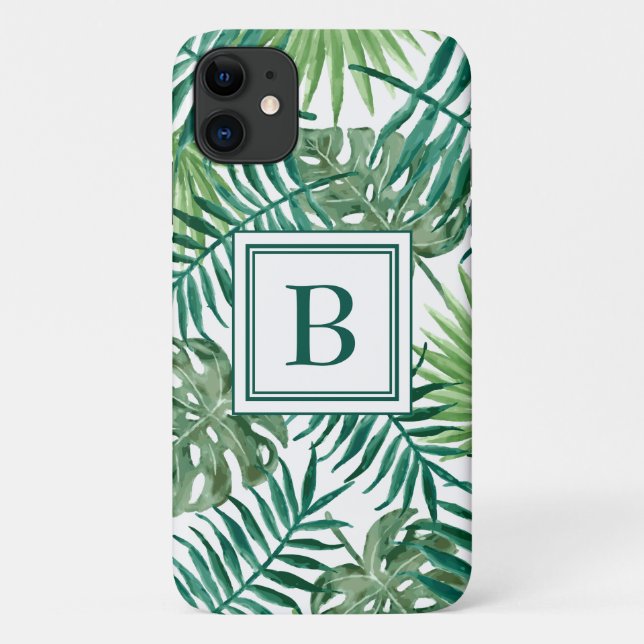 Capa Para iPhone 11 Padrão de Folhas Tropicais de Palmeiras Monogramas (Verso)