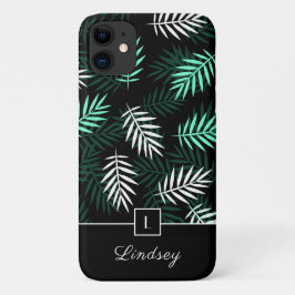 Capa Para iPhone 11 Padrão de Folhas Verdes Monograma Moderno