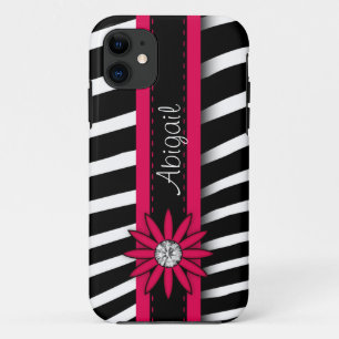 Capa Para iPhone 11 Padrão de Gema Floral Rosa Quente e Zebra