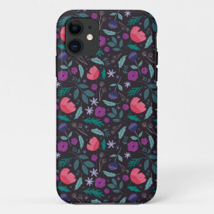 Capa Para iPhone 11 Padrão de Ilustração Floral Rosa e Púrpura