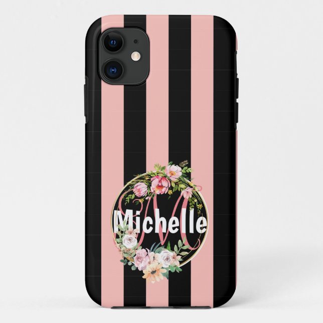 Capa Para iPhone 11 Padrão de listras pretas monograma com Flor (Verso)