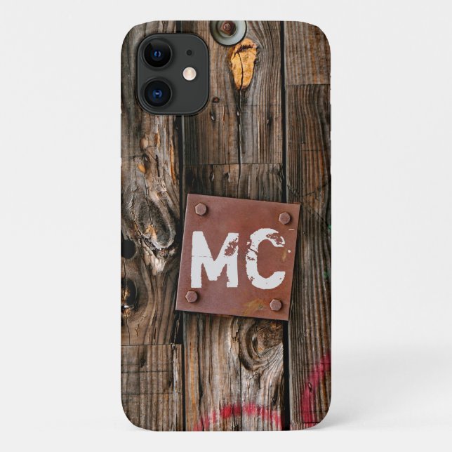 Capa Para iPhone 11 Padrão De Madeira Rústica Industrial Monogramada (Verso)