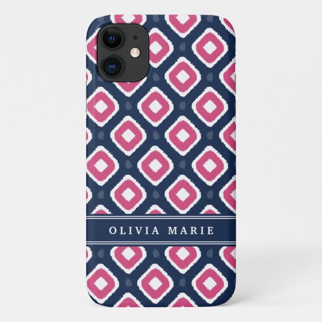 Capa Para iPhone 11 Padrão de Mod de Ikat Rosa Azul com Nome (Verso)