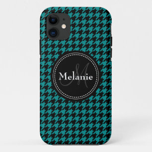 Capa Para iPhone 11 Padrão de Monograma de Houndstooth Azul Negro