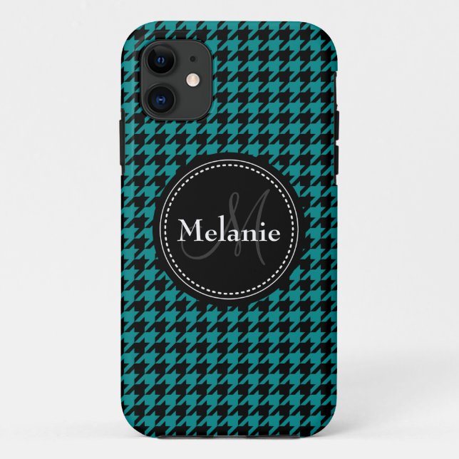 Capa Para iPhone 11 Padrão de Monograma de Houndstooth Azul Negro (Verso)