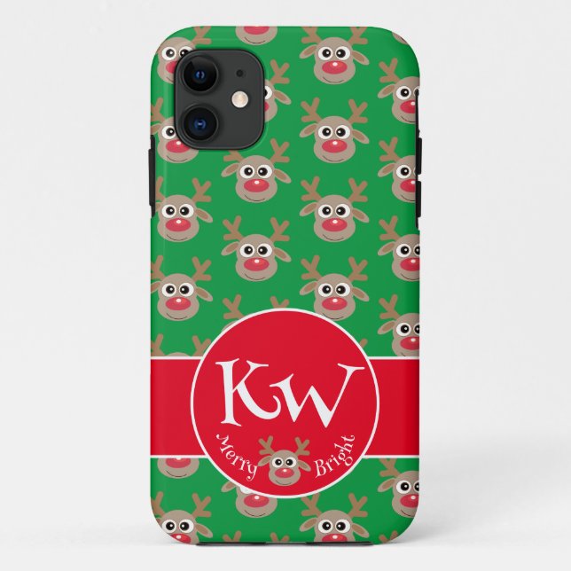 Capa Para iPhone 11 Padrão de Monograma Verde de Natal (Verso)