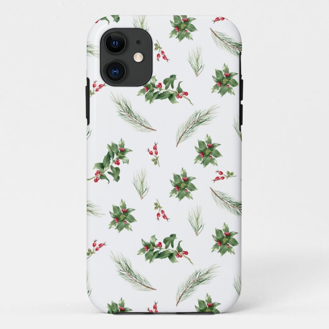 Capa Para iPhone 11 Padrão de Natal Simples e Moderno Holly Berry (Verso)