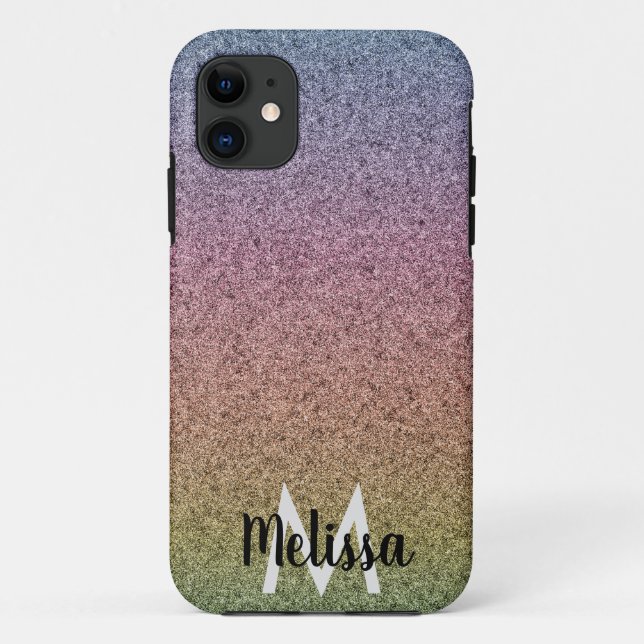 Capa Para iPhone 11 Padrão de Nome Inicial de Brilho Falso Arco-íris (Verso)