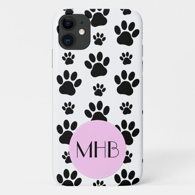Capa Para iPhone 11 Padrão de pata, patas de cão, preto e branco, mono (Verso)