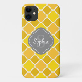 Capa Para iPhone 11 Padrão de Quatrefoil Amarelo com Monograma de Cinz