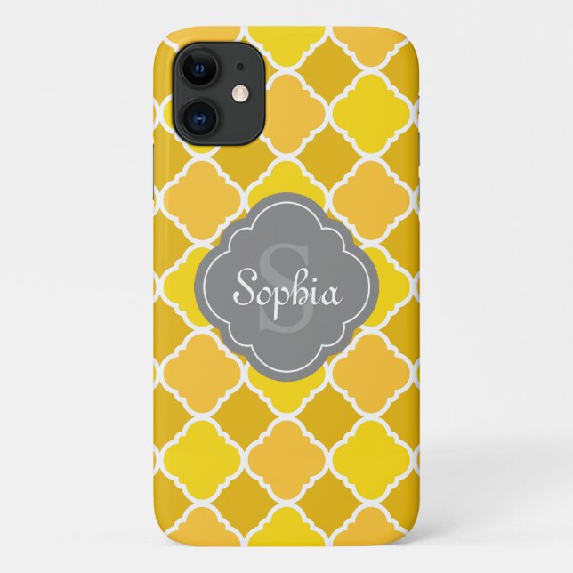 Capa Para iPhone 11 Padrão de Quatrefoil Amarelo com Monograma de Cinz (Verso)