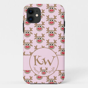Capa Para iPhone 11 Padrão de Reinador Cónico Rosa Monograma de Natal