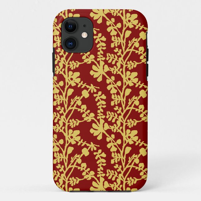 Capa Para iPhone 11 Padrão De Repetição De Plantas Vermelho E Amarelo  (Verso)