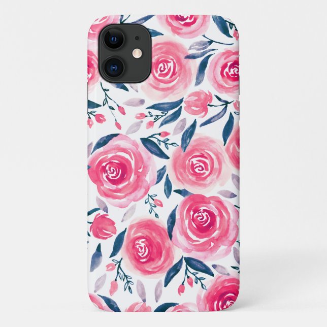 Capa Para iPhone 11 Padrão de Rosas de Aquarela Floral a na moda (Verso)