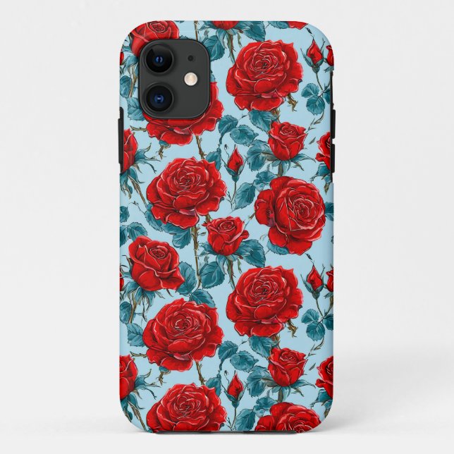 Capa Para iPhone 11 Padrão de rosas vermelhas (Verso)