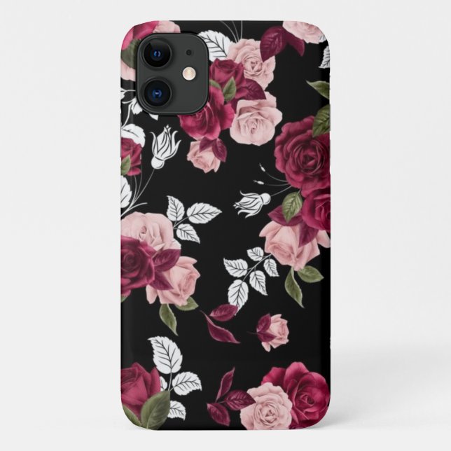 Capa Para iPhone 11 Padrão de rosas vermelho-escuro (Verso)