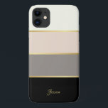Capa Para iPhone 11 Padrão de Stripes Moderno na moda com Nome<br><div class="desc">Na moda e feminina, esse elegante design apresenta amplas faixas horizontais em creme, rosa, esticado e preto com finas linhas de ouro dividindo as cores das listras. Um modelo de texto é incluído para personalizar com seu nome, iniciais de monograma ou outro texto desejado. Você também pode excluir o texto...</div>