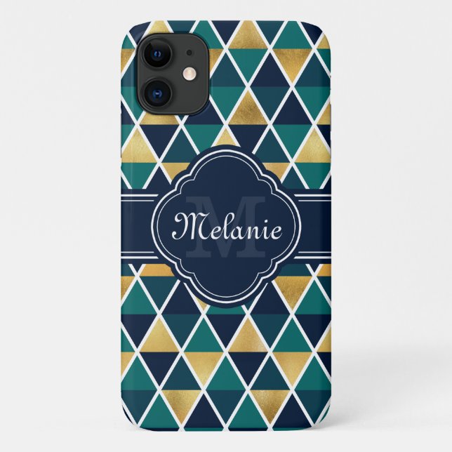 Capa Para iPhone 11 Padrão de triângulo geométrico Dourado em Teal Mon (Verso)