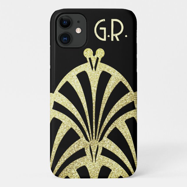 Capa Para iPhone 11 Padrão de ventoinha Art deco ouro preto elegância (Verso)