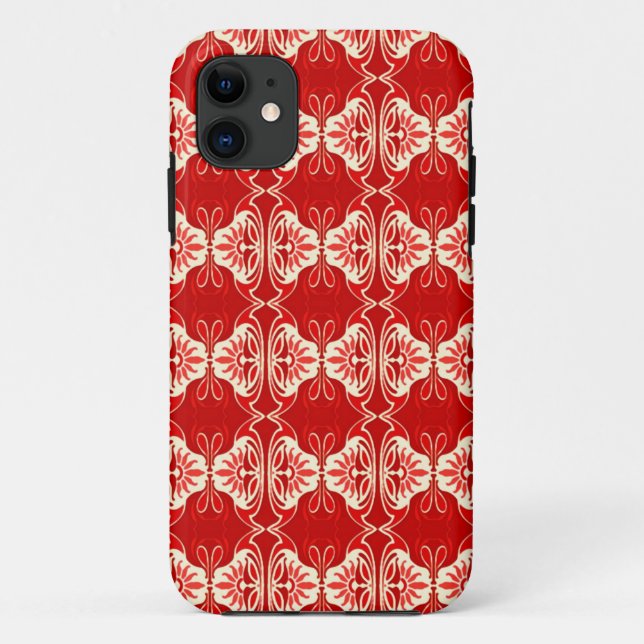 Capa Para iPhone 11 Padrão de wallpaper Art Deco - vermelho e branco (Verso)