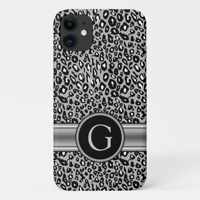 Capa Para iPhone 11 Padrão do Leopardo Trendy Silver e Monograma (Verso)