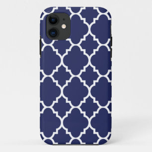 Capa Para iPhone 11 Padrão do Quatrefoil Branco Azul-marinho do Marroc