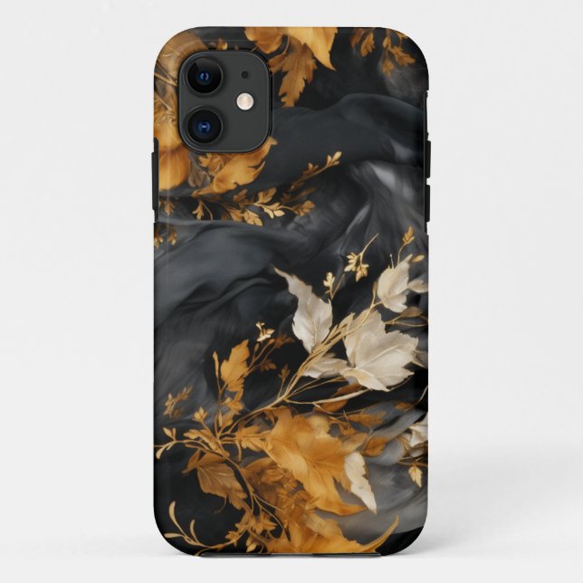 Capa Para iPhone 11 Padrão Dourado Floral  Elegante Preto (Verso)