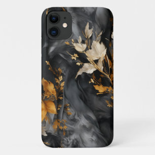 Capa Para iPhone 11 Padrão Dourado Floral  Elegante Preto