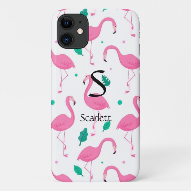 Capa Para iPhone 11 Padrão Flamingo Monograma e Nome Personalizado (Verso)