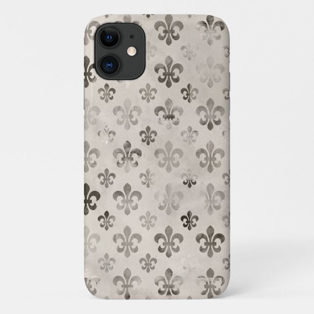 Capa Para iPhone 11 Padrão Fleur De Lis Prateado Cinza Distorcido da M (Verso)