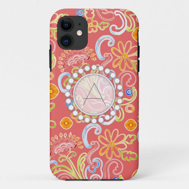 Capa Para iPhone 11 Padrão Flor Moderno Folha Floral Monograma (Verso)