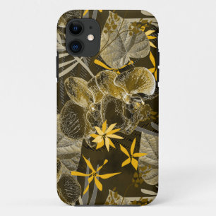 Capa Para iPhone 11 Padrão floral amarelo-acastanhado de aquarelas.
