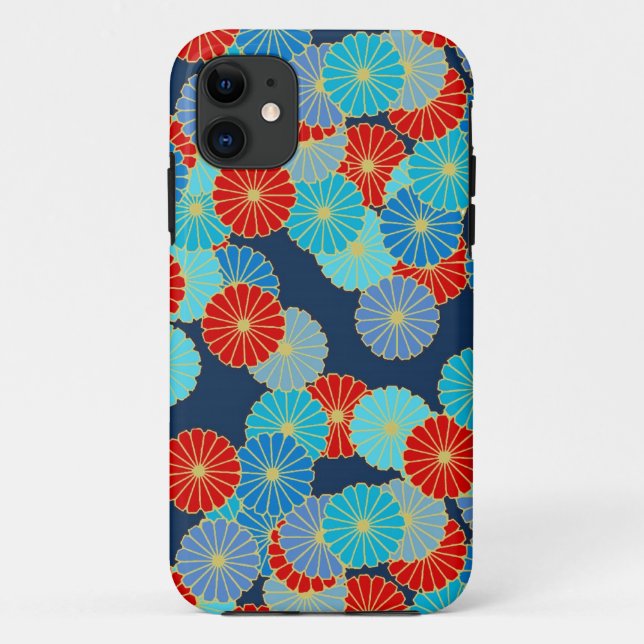 Capa Para iPhone 11 Padrão floral Art Deco - azul, turquesa e vermelho (Verso)