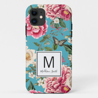 Capa Para iPhone 11 Padrão Floral Azul Teal Monograma