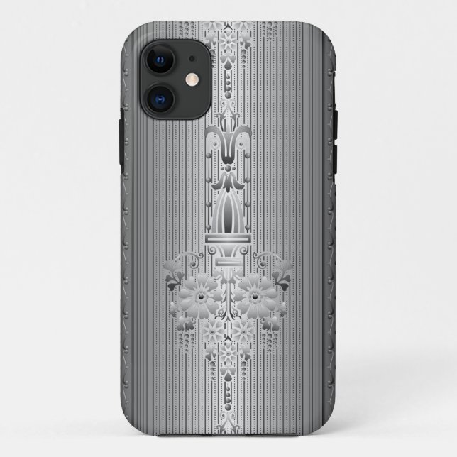 Capa Para iPhone 11 padrão floral barroco com borda cinza (Verso)