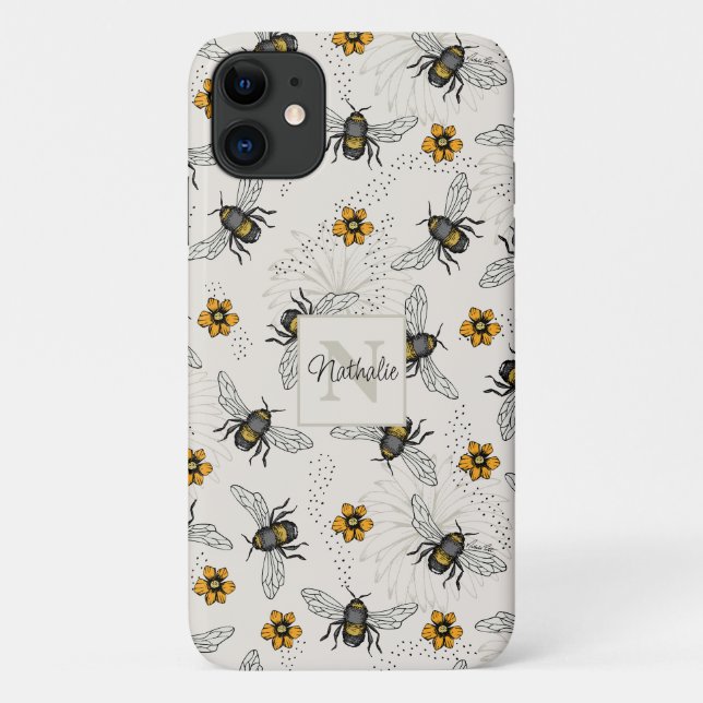 Capa Para iPhone 11 Padrão Floral de Abelhas Amarelas e Ivory Summer (Verso)