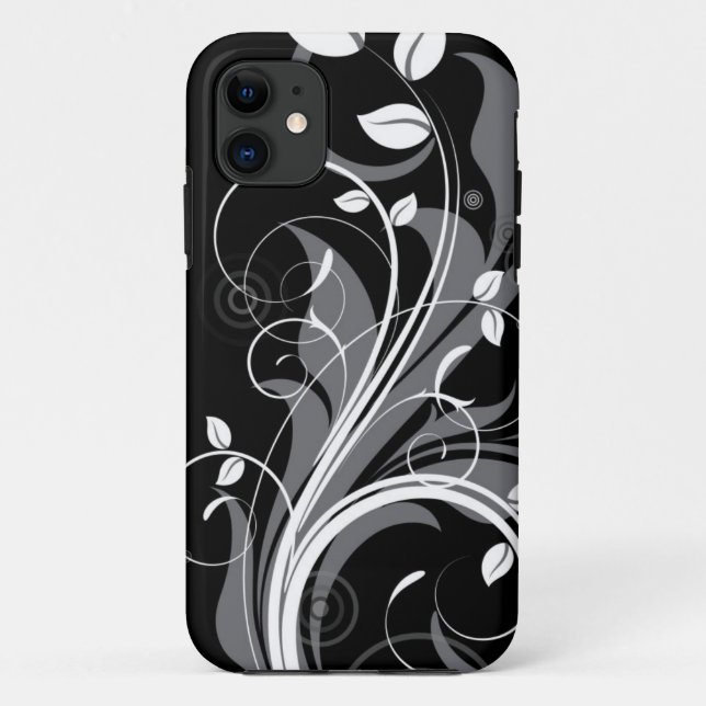 Capa Para iPhone 11 Padrão Floral de Cinza em Preto (Verso)