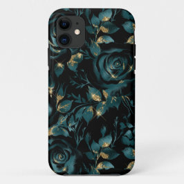Capa Para iPhone 11 Padrão Floral de Rosa Azul-turquesa e Dourado Eleg