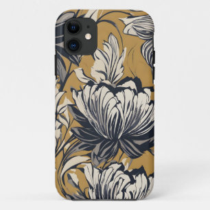 Capa Para iPhone 11 Padrão Floral Preto e Branco Elegante em Mostarda