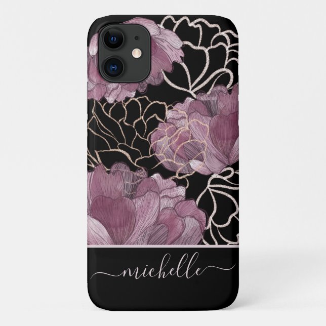 Capa Para iPhone 11 Padrão Floral Rosa Moderno e Preto Monograma (Verso)