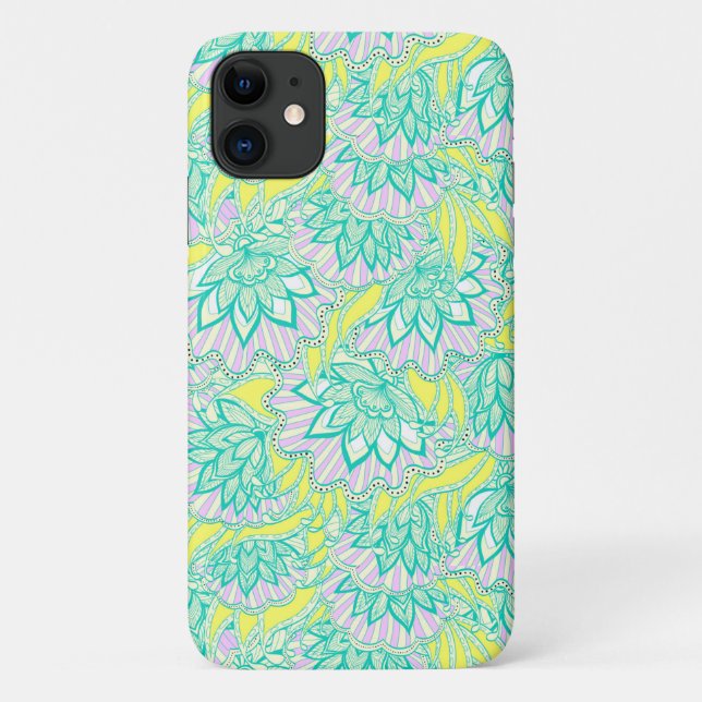 Capa Para iPhone 11 Padrão floral verde-amarelo (Verso)